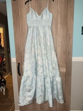 Girls Light Blue Floral  Spaghetti-Strap Dress